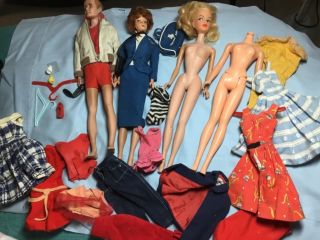 4 Vintage Barbies,  Ken,  Red Bubble Head,  Bendable Legs,  Clothes & Case