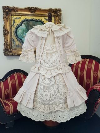 Vintage French Victorian Beige Dress 17 " For Antique Bisque German Doll 24 - 28 "