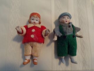 Antique German Bisque Dollhouse Dolls Boy And Girl Set Of 2 Clothes