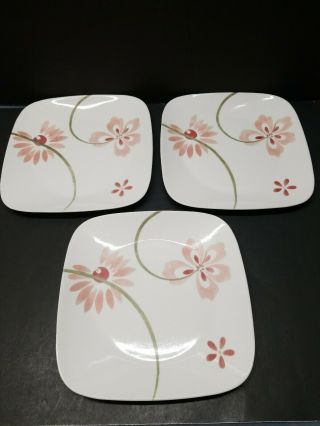 Three Corelle Pretty Pink Floral Flower Square Dinner Plates 10 1/2”diameter