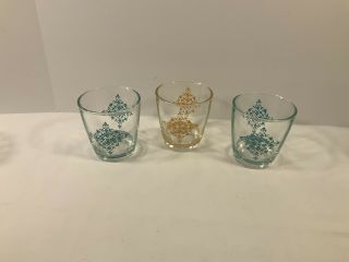 3 Vintage Hazel Atlas Sour Cream Glasses 1/2 Pint Turquoise Yellow 950