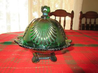 Vintage Mosser Green Carnival Glass Covered Butter Dish With Shell Design