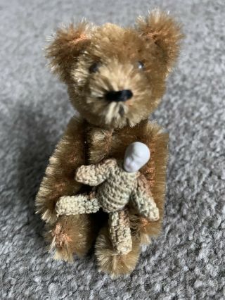 Tiny Dollhouse Antique All Bisque Carl Horn Doll Crocheted Teddy Bear Suit 1.  25”