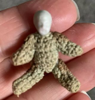 Tiny Dollhouse Antique All Bisque Carl Horn Doll Crocheted Teddy Bear Suit 1.  25” 2