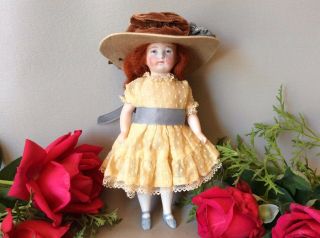 Large 6.  5” Antique German All Bisque Doll Red Head Old Clothes Painted Eyes