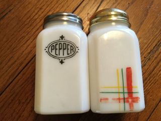 2 Vintage Hazel Atlas White Milk Glass Pepper Shakers B&w And Multi