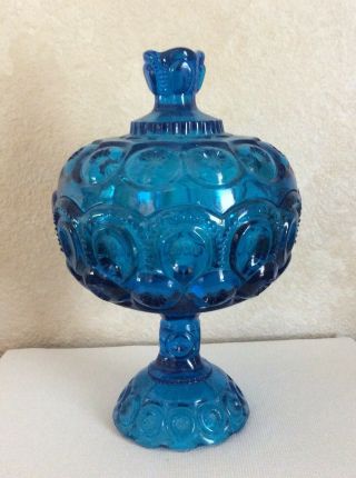 Vtg.  Le Smith Moon And Stars Blue Footed Pedestal Covered Candy Dish 9 3/4 In.