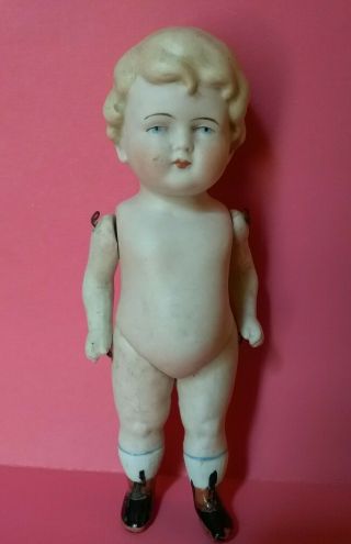 Antique German All Bisque Doll,  Wire Jointed Arms Legs,  Molded Hair 6.  26 "