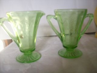 Vintage Green Depression Glass Creamer And Sugar With Embossed Garland Design