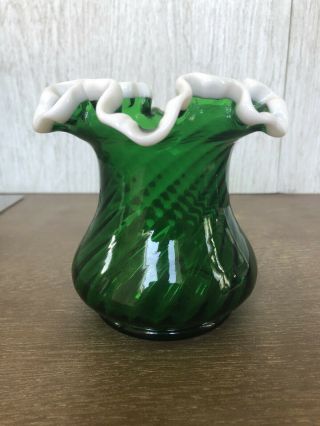 Vtg Fenton Emerald Green Snow Crest Rose Bowl Vase Spiral Optic 4” Tall