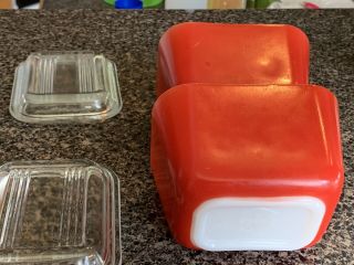 2 Vintage Red Pyrex Refrigerator Dishes W/ Glass Lids Fridgie 1.  5 Cups 501 B