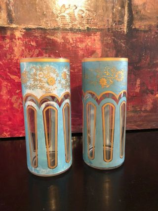2 Vintage Mid Century Modern Atomic Glasses Gold Turquoise Flower Tumblers Rare