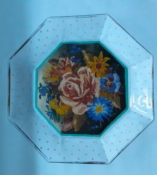 MacKenzie Childs Plate Arcoroc France 26 Glass Floral Polka Dot Octagon Vintage 3