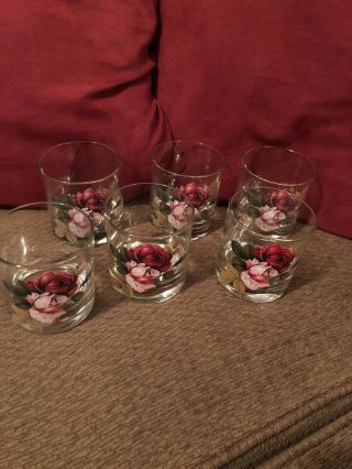 A Set Of 6 Handpainted Vintage Red And Pink Roses Drinking Glasses
