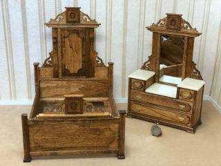 Dollhouse Miniature Artist Signed Ooak Victorian High Back Bed And Dresser 1:12