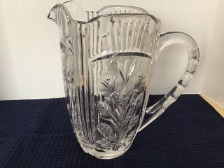 Vintage Cut And Etched Lead Crystal Water Pitcher With Floral Motifs,  8.  5”