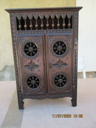 Antique French Breton Brittany Wood Hand Carved Dollhouse Miniature Cabinet
