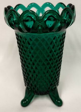Imperial Laced Edge Stiegel Green Glass 4 Toed Diamond Point Vase Hatpin Holder