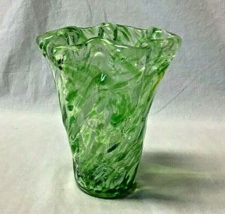 Norleans Hand Blown Art Glass Ruffle Green With White & Yellow Swirl Vase