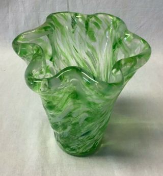 Norleans Hand Blown Art Glass Ruffle Green with White & Yellow Swirl Vase 2