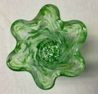 Norleans Hand Blown Art Glass Ruffle Green with White & Yellow Swirl Vase 3