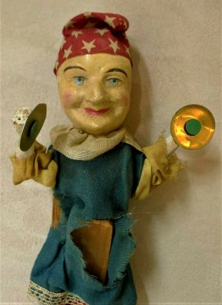 Antique Doll Paper Mache Clown Plays Cymbals - Mechanical Wood Squeeze Box C1900