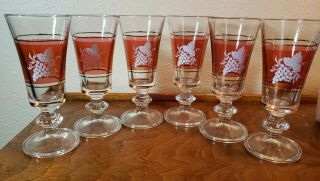 Vtg Grape And Grape Leaf Sherry,  Cordial Glasses Set Of 6 Clear,  Red,  Gold