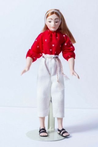 Dollhouse Miniatures Porcelain Teenage Girl Doll w/ Red Top & White Capris 2