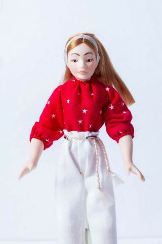 Dollhouse Miniatures Porcelain Teenage Girl Doll w/ Red Top & White Capris 3