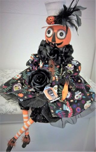 Primitive Folk Art Gothic Halloween Pumpkin Doll Handmade In America Ooak