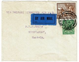 Great Britain 1924 Belfast Cancel On Airmail Cover To England,  Via Liverpool