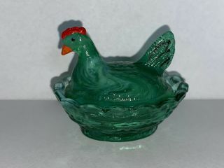 Boyd Glass Hen On Nest Chick Salt - Decorated Columbia/mint Green Slag (w/ Mark)