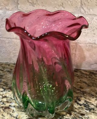 Teleflora Vase Cranberry Pink Green Wavy Swirl Design Ruffles