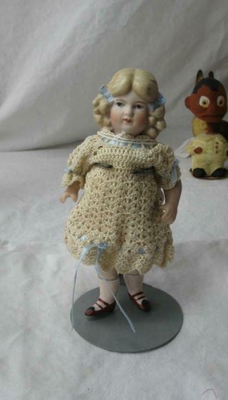 Antique German Doll 6 " All Bisque P 14 Painted Face Hair Ribbon Shoes Socks
