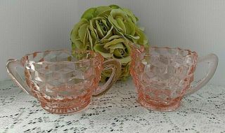 Vintage Pink Cube Pattern Depression Glass Creamer And Sugar Bowl Jeanette 1930s