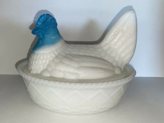 Westmoreland / Summit Hen On Nest Covered Dish - Milk Glass W/ Blue Head - 5”