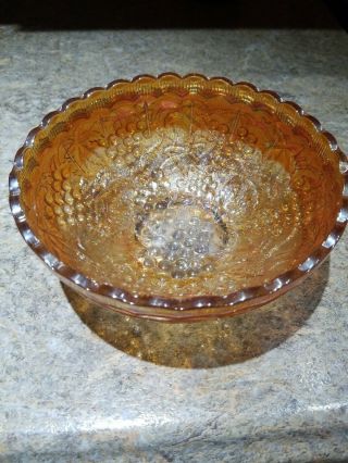 Vintage Imperial Grape And Leaf Marigold Carnival Glass Bowl Scalloped Rim,  7”