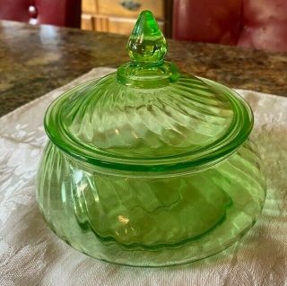 Twisted Optic Green Depression Glass Candy Dish W/lid