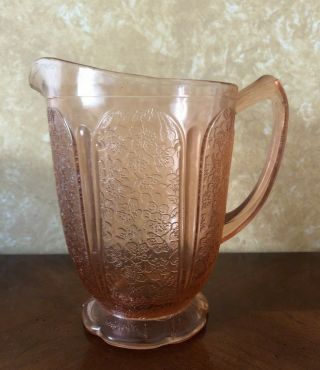 Vintage Depression By Jeannette Glass Co.  Pink Cherry Blossom Footed Pitcher 7 "