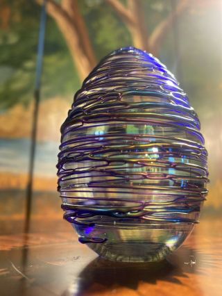 Stunning Vintage Art Glass 1992 Signed Geg 92? Swirled Egg Shaped Paperweight.