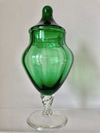 Vintage Green Empoli Italian Art Glass Bon Bon Jar/ Apothecary