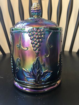 Vintage Indiana Blue Iridescent Carnival Glass Candy Dish/canister Grape Harvest