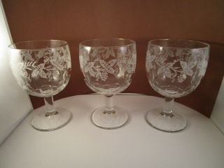 Vintage Set Of 3 Clear Glass Etched Grape Bartlett Collins Water Goblets