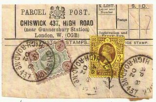 Chiswick 437 High Road Gunnersbury Station Parcel Post Label Qv 4d,  3d 1902