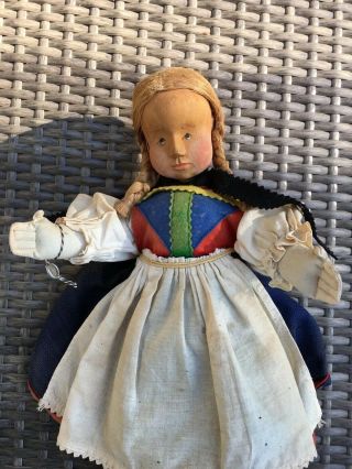 Vintage Anna Fehrle 13”carved Wood Head Doll Disktag Cloth Body Germany 1930’s