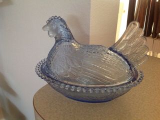 Vintage Indiana Glass Blue Hen Rooster On Nest Covered Candy Nut Dish