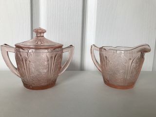 Jeannette Pink Cherry Blossom Depression Glass Creamer And Sugar With Lid