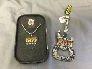 Set Of 2 Kiss Classic Logo Guitar Pick Necklace And Metal Bottle Opener Magnet