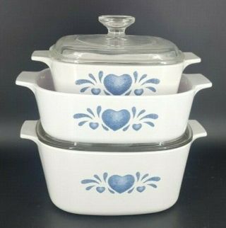 Vintage Corning Ware 3 Piece Set 3l 2l & 1l Blue Hearts Casserole Dish W/ 2 Lids
