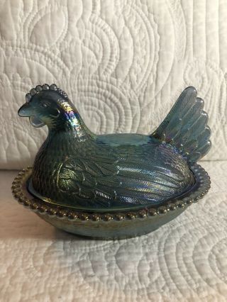 Vintage Indiana Glass Dark Blue Iridescent Carnival Glass Hen On Nest Candy Dish